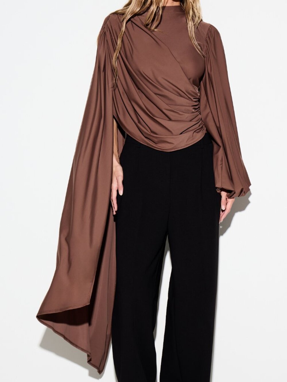 Brown Elegant Women's Draped High Neck Slim Fit Long Asymmetrical Blouse - Picture 1 of 5
